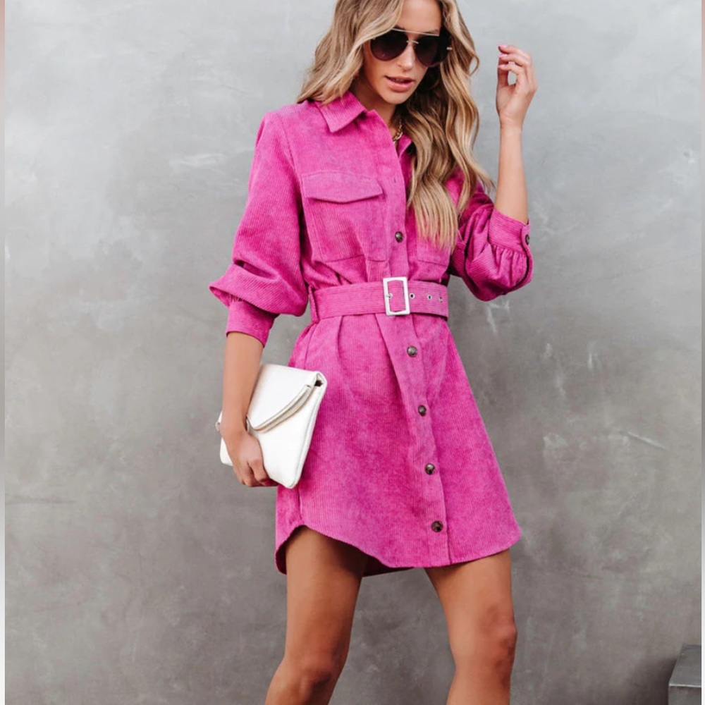 CHARLENE CORDUROY BELTED BUTTON DOWN SHIRT DRESS - ORCHID